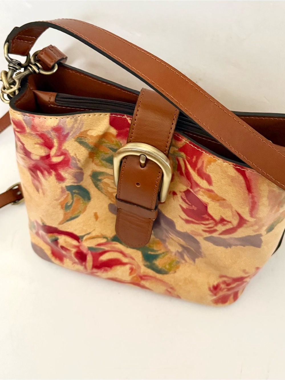 Patricia Nash Irving Crossbody Bucket Bag Leather Rare Rose Print Boho Hippie - Picture 3 of 8